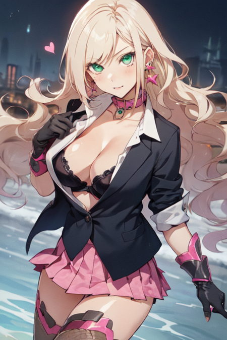 RirikoChigasaki, 1girl, solo, long hair, miniskirt, pink skirt, blonde hair, large breasts, shirt, black thighhighs, black gloves, cleavage, jewelry, green eyes, pleated skirt, earrings, open clothes, bra, collar, blazer, gauntlets, fishnets, lace, star earrings, heart earrings, 