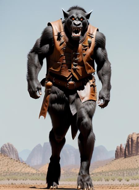 a detailed (full body) (from distance:1.2) photography of Trolloc (running:1.1) with furious face, leather vest, (thigh gap:1.1), grey-black body. in empty desert. short fur, bloodied, medieval, detailed

 <lora:WoTrolloc:0.9>