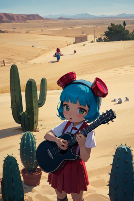 FridaSuarezv1.5, blue hair, red gogles, red skirt, shite shirt, suspenders, playing a red skull shaped guitar, in an old cowbow town in the desert. Rolling cactus plants.