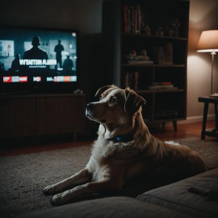 cinematic photo of a dog watching TV at night