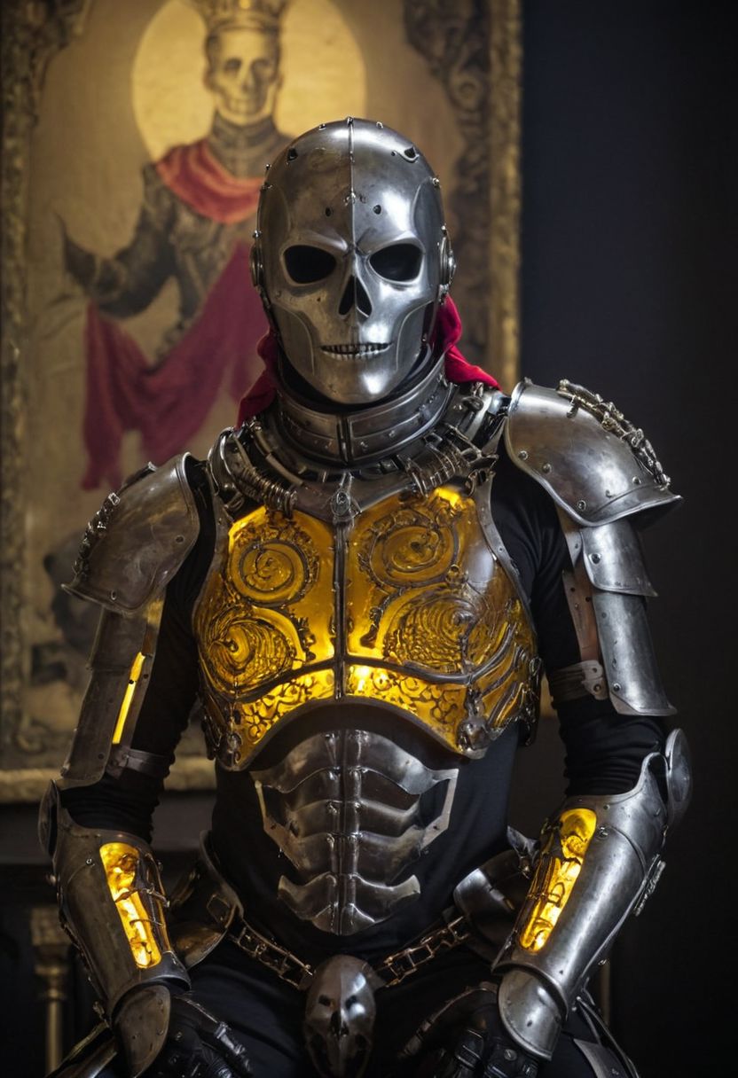 amazing quality, masterpiece, best quality, hyper detailed, ultra detailed, UHD, perfect anatomy, portrait, dof, hyper-realism, majestic, awesome, inspiring, dark medieval Science fiction Style - Capture the essence of nostalgia and futuristic fusion in this vibrant snapshot: A bold Cyborg knight detailed Iron armor bound By wires, Strings and luminous hoses, his metallic face, neck, and exposed skin areas adorned with weathered sss amber and silver Iron tones, a testament to time, battle and sunlight. With arms raised in greeting, she embodies a blend of retro charm and cybernetic allure.. cinematic composition, soft shadows, national geographic style, bw-grignani, emphasis lines, horizontal perfect bold lines, perfect align lines, Capture the enigma: a Knight resembling Jonathan joster sits regally on a lavish throne, his arms casually draped over its ornate arms. Adorned in a iron plaster skull Mask and a red high collar scarf, paired with fur and keather gloves, he exudes a captivating contrast. Her ensemble is completed with a translucent DARK luminous Skull in his Hand and a Large voluminous trailing black tulle train. Amidst the opulent surroundings of a kentaro Miura inspired room infront of a huge Neon magenta-yellow cruel Jojo Pop-Art painting, he embodies a fusion of mystery and elegance.. with endless lines guiding the eye.