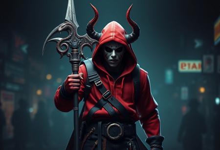 A sinister man dressed as a devil (Fortnite-style character), blending Evil Jason Voorhees' menacing aura with Ghostface's stealth, wearing a blood-red hoodie and wielding a snake-themed halberd. Full-body view, ultra-wide angle, cinematic lighting with golden ratio composition. Danger lurks in the night: subtle hints of 'The Purge' chaos and 'Real-Life Brook' dystopia. Hyper-detailed: micro-textures on the halberd, knick-knacks on the belt, lifelike skin pores, and HD cyberpunk-sci-fi atmosphere. Style fusion: Artgerm's vibrant colors, Greg Rutkowski's gritty fantasy, and Alphonse Mucha's intricate Art Nouveau swirls. Trending on ArtStation, 8K resolution, ultra-sharp focus, cinematic depth, unreal engine 5 rendering.