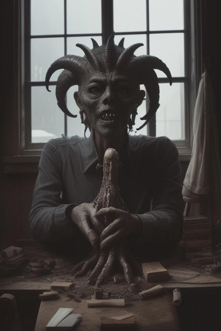 dark moody unsettling and surreal Kodachrome photograph, original character, hasselblad, indoors, giant horrifying demon hand reaching through doll house window, megalophobia, small world,
