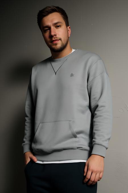 IainStirling, large format photo of a man, anxious facial expression, gray crewneck sweatshirt, jogger sweatpants and slip-on sneakers, upper body, under bounced lighting, from below, shot on a Kodak Brownie <lora:IainStirlingLora:1>