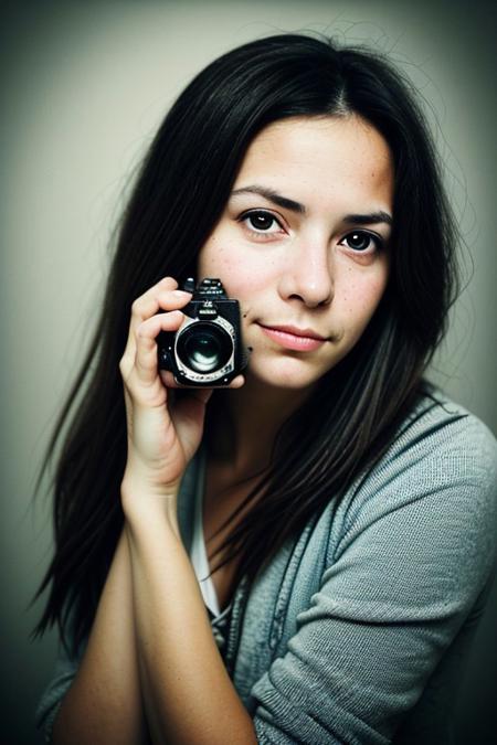 The image portrays a young woman with long, dark hair holding a vintage camera close to her face, partially obscuring one of her eyes. She gazes directly into the lens with an intense, thoughtful expression. The photograph has a distinct cinematic and nostalgic aesthetic, with soft lighting, a grainy texture, and subtle color grading that gives it a vintage, film-like quality.
Subject and Composition
The subject's face is positioned slightly off-center, drawing immediate attention to her sharp and expressive features. Her dark, well-defined eyebrows frame her deep-set eyes, which are slightly shadowed, adding to the introspective mood of the image. Her lips, which are slightly parted and tinted a natural red, contrast subtly with her smooth, pale skin. Strands of hair fall loosely across her face, reinforcing the unposed, organic nature of the portrait.
The camera she holds is an older model, silver and black with a rounded lens, possibly a vintage point-and-shoot film camera. Its reflective surface catches some light, making it a noticeable focal point. Her fingers gently rest on the camera's body, showcasing her relaxed grip, suggesting familiarity and comfort with the device. The camera partially obscures her left eye, creating an artistic and symbolic interplay between the act of capturing an image and being observed.