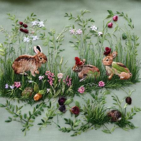 <lora:SDXL_embroidery_Sa_May_V8:1>   embroidery, rabbits eat flower on spring green grass