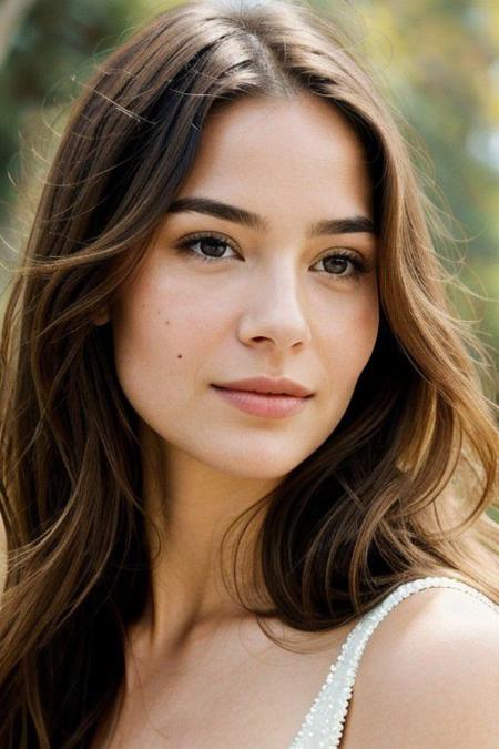 Create an ultra-realistic image of a beautiful, fictional actress. She should have a natural and elegant appearance, with distinct facial features that convey a sense of grace and poise. Her expression should be captivating, perhaps with a subtle smile or a thoughtful gaze, hinting at depth and character. The focus should be on achieving high levels of detail in her features, such as the texture of her skin, the shine in her hair, and the clarity in her eyes. The lighting should be soft and flattering, enhancing her natural beauty. The background should be simple yet classy, ensuring that the actress remains the central focus of the image. This portrait should evoke a sense of Hollywood glamour mixed with a relatable, down-to-earth charm