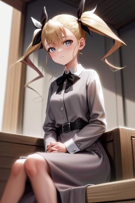 masterpiece, best quality, highres, 1girl twintails hair ribbon, grey dress <lora:kikoru_shinomiya:1> sitting