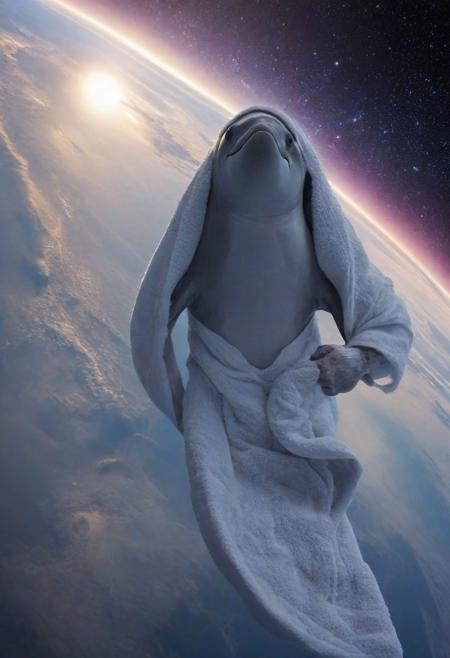 ((intense-fisheye-lens) distortion photograph)) ,
((A galactic hitchhiker) (with thumb up), (a clean, fluffy towel is clearly seen over the galactic hitchhiker's shoulder)),
<<BREAK>>
((in the background dolphins are seen floating in outerspace)),
((noise offset, best quality photograph, , (multiple-exposure photographs), UHD, (very slow shutter speed), experimental lighting, experimental angles, (strong fisheye-lens/ intense fisheye-view photograph), ( realisticvision-negative-embedding, epiCRealism ))