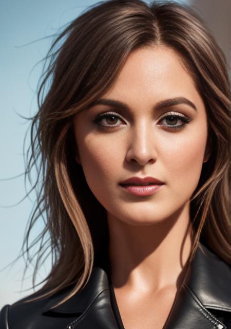 businesswoman, perfect eyes, (high heels), fantastic face, caucasian, beautiful look, Black Leather, jacket, pants, elegant hair, tie, tattoos, (full body visible), looking at the viewer, portrait, photography, detailed skin, realistic, photo-realistic, 8k, highly detailed, full-length frame, High detail RAW color art, piercing, diffused soft lighting, shallow depth of field, sharp focus, hyperrealism, cinematic lighting