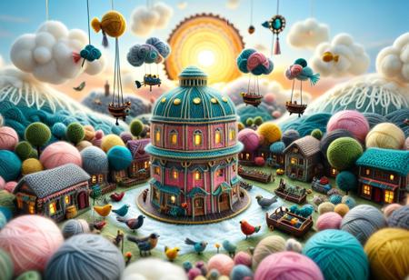 majestic steampunk airship crocheted from yarn, ornate brass-tone stitchwork, patchwork balloon billowing with layered knit panels, spinning spool-propellers, tassel rigging fluttering, drifting above fluffy knitted cumulonimbus clouds, golden-hour sky in soft pastels, warm rim lighting, tiny crocheted birds soaring nearby, cinematic wide-angle vista, hyper-detailed wool fibers, tilt-shift macro depth-of-field, cozy whimsical atmosphere, 8-k high-resolution, Octane render