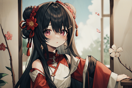 masterpiece, best quality, extremely detailed, detailed background, detailed face, hanfu, 1girl, chinese clothes, hair ornament, flower, long hair, solo, hair flower, window, lattice, from outside, long sleeves, black hair, hair bun, wide sleeves, petals, jewelry, pink flower, butterfly, branch, bug, earrings, looking at viewer, indoors, upper body, light particles, light rays, atmospheric lighting, facing viewer, close up