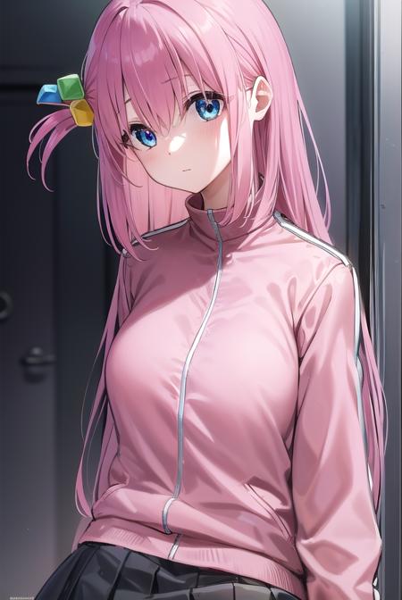 hitorigotou, <lora:hitorigotou-lora-nochekaiser:1>, 
hitori gotou, blue eyes, cube hair ornament, hair between eyes, hair ornament, pink hair, one side up, long hair,
BREAK black skirt, jacket, long sleeves, pants, pants under skirt, (pink jacket:1.5), pink pants, pleated skirt, skirt, track jacket, track pants, track suit,
BREAK indoors, classroom,
BREAK looking at viewer, (cowboy shot:1.5),
BREAK <lyco:GoodHands-beta2:1>, (masterpiece:1.2), best quality, high resolution, unity 8k wallpaper, (illustration:0.8), (beautiful detailed eyes:1.6), extremely detailed face, perfect lighting, extremely detailed CG, (perfect hands, perfect anatomy),