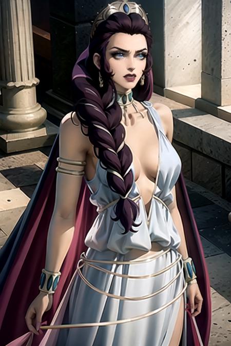 masterpiece, best quality,  (upper body:0.5), solo,     <lora:CARTOON_Hera_bloodofzeus_aiwaifu-10:0.9>,      Hera_bloodofzeus_aiwaifu,aiwaifu,long_hair,jewelry,earrings,makeup,lipstick,blue_eyes,braid,purple_hair,breasts,dress,bracelet,single_braid,eyelashes,hoop_earrings,cape,very_long_hair,cleavage,eyeshadow,armlet,two-tone_hair,choker,asymmetrical_hair,long_skirt,side_slit,armband,bangle,blue_dress,                realistic, photo-realistic,specular details,ultra-detailed, highly detailed, well defined objects,  8k uhd, dslr, soft lighting, high quality, Fujifilm XT3, (high detailed skin:0.3), (absurdres, highres, incredibly_absurdres:0.2),scenery,masterpiece,