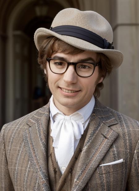 ap1  , headshot, man, solo, man Three-Piece Tweed Suit, Bow Tie, Newsboy Cap, Two-Tone Oxfords, Pocket Square,  hornrimmed glasses, full body, full body shot, white background, no background, PNG, natural lighting, no shadows, ultra detailed, hyperrealistic, 80mm, 4k, 8k, 8k realistic, sharp focus, intricate, high resolution <lora:AustinPowers:.85>