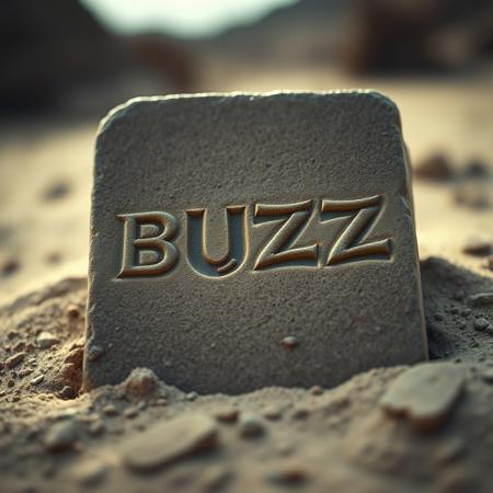 Closeup of a Archeological find in desert, a stone tablet with lightning bolt symbol and text in ancient font saying BUZZ, realistic, masterpiece, dramatic light, depth of field