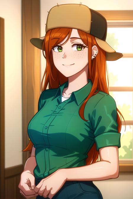 <lora:wendy_corduroy:0.6>, wendy corduroy,  masterpiece, best quality, 1girl, solo, hat, long hair, shirt, smile, orange hair, freckles, earrings, jewelry, green shirt, collared shirt, indoors,