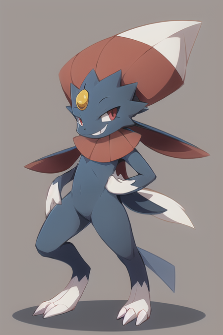 Weavile, bluish fur, orange gem, red eyes, smiling, cute, sexy, full body