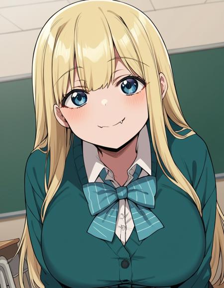 marin ichinose, long hair, bangs, blue eyes, blonde hair, fang, large breasts, skirt, shirt, cleavage, jacket, white shirt, open clothes, hood, hoodie, floral print, skirt, shirt, long sleeves, school uniform, white shirt, pleated skirt, bowtie, blue bow, cardigan, blue bowtie,