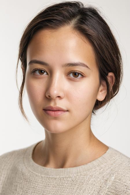 Softly lit headshot of a young woman in everyday clothes against a white background,  exuding warmth and understated elegance