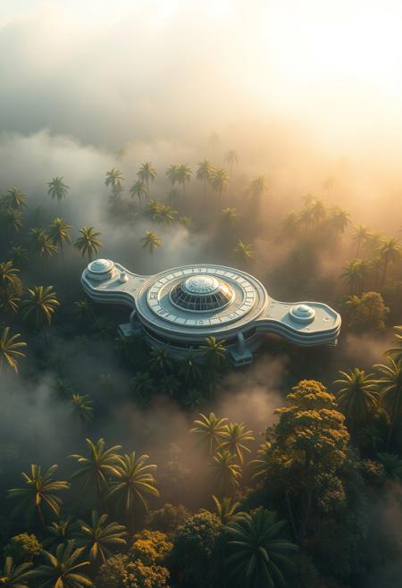 aerial view, a futuristic research complex in a bright foggy jungle, hard lighting