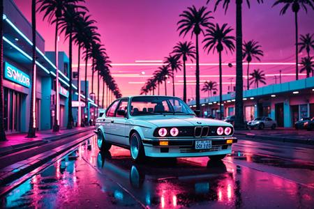 cinematic film still 80s synthwave, retro-futuristic, A  white BMW   driving on a street, with glowing palm trees lining the road. The scene is captured from a low-angle shot, emphasizing the sleek design and vibrant colors of the car, reflecting off the wet asphalt. The background features a neon sunset with horizontal lines, characteristic of the synthwave aesthetic, in vivid hues of pink, purple, and blue. The image is highly detailed with dramatic lighting, creating a sense of speed and motion. The artwork has a vaporwave vibe, combining retro and futuristic elements with bold, electric colors and a minimalist, sticker-like style on a white background. The atmosphere is surreal and cinematic, with sharp contrasts and intense glow effects, reminiscent of 80s digital art. This 3D render, illustration, is crafted with high resolution, capturing the essence of a synth wave cityscape in extreme detail and dynamic composition. 8k resolution with a focus on vibrant neon and striking details, evoking a nostalgic yet futuristic feel, cyberpunk, shallow depth of field, vignette, highly detailed, high budget, bokeh, cinemascope, moody, epic, gorgeous, film grain, grainy
