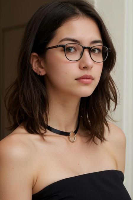 Best quality, ultra high res, (photorealistic:1.4), solo, deep shadow, beautiful face, small nose, green eyes, glasses, shoulder length hair, collar bone, small neck, blush, shy expression, perky breasts,