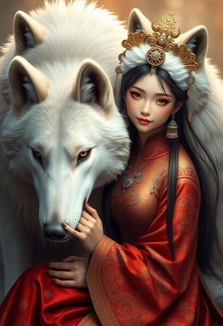 A beautiful girl in ancient Chinese costume, wearing gold crown and silver earrings with white fur on her head is sitting next to two white huge wolves with golden eyes, she hugs the neck of one wolf, elegant face, gorgeous , long hair flowing down behind her back, digital art style, exquisite details, warm tones, golden light, soft lighting, fantasy realism, in thestyle of hyper-realistic sci-fi, fantasticalmachines,norwegian nature,master-levelsurrealism,posters