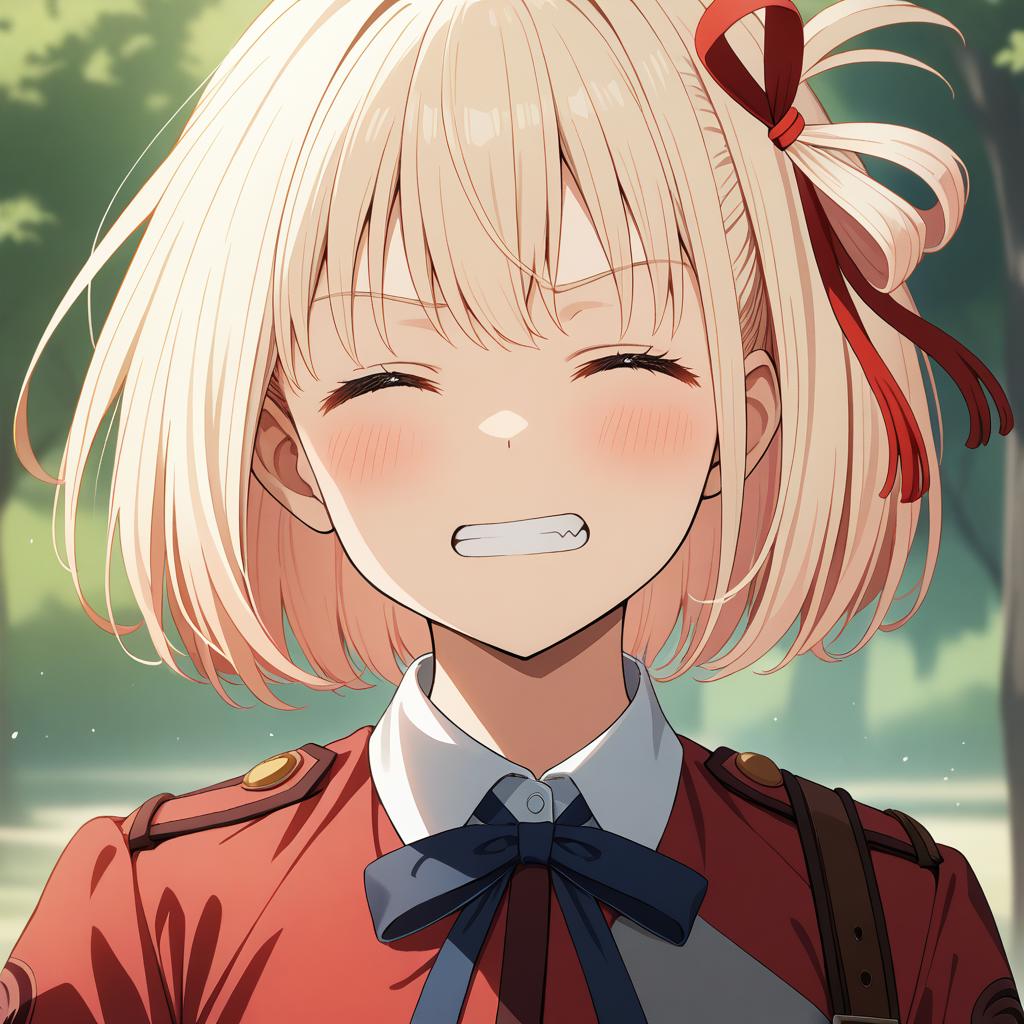 1girl, nishikigi chisato, lycoris recoil, lycoris uniform, (red uniform), blonde hair, short hair, red ribbon, hair ribbon, (gray uniform), 
clenched teeth, closed eyes, pillarboxed, teeth, waving, shoulder belt,
solo, face focus,
outdoors,
ultra detailed background,
BREAK
BREAK 4K, clear_skin, matte_skin, beautiful_color, Cinematic lighting, (perfect anatomy), <lora:hand 4:0.3>
BREAK