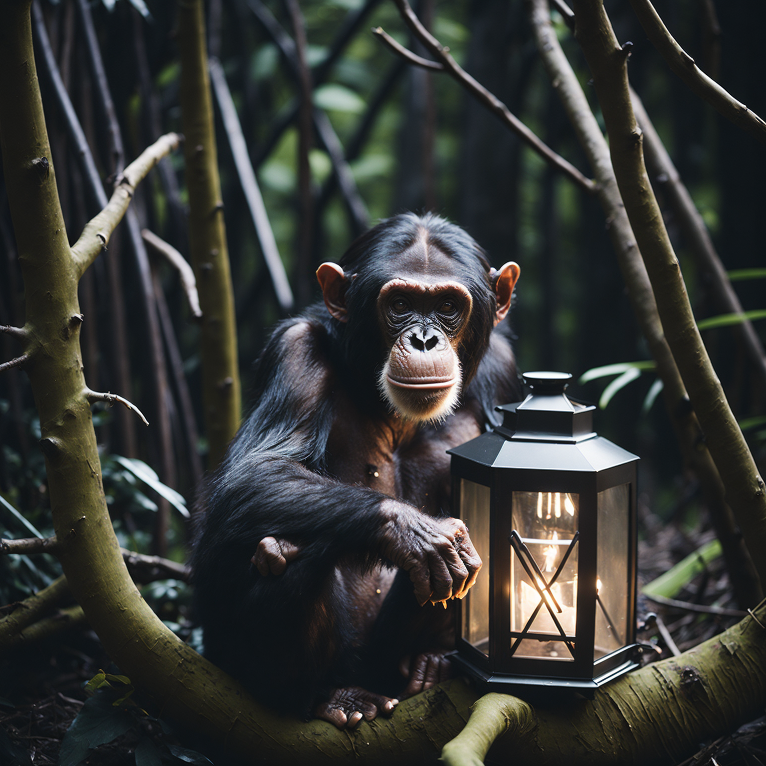 Chimpanzee in Thorn forest Romantic atmosphere Lantern lighting