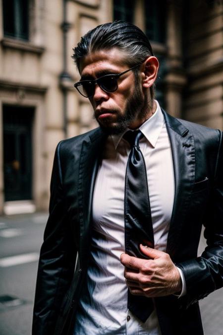 (analog photo) of a ((male gangster monkey)) wearing a (italian black buisness suit with a white shirt and black tie) and wearing black Rayban style sunglasses, serious face,  (hands in pockets, confident posture,) masterpiece, Fine art photography, award winning photography, epic realism