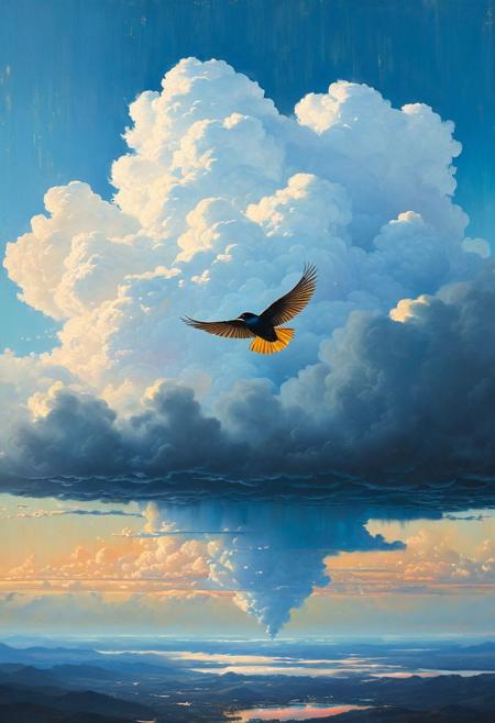 (A bird flying in the clouds) (ingenious opus magnum by Michael Vincent Manalo and Elvira Vigna:1.2), (pastel oil painting:0.1), high key with glistening light, cosmic anddireful and dramatic atmosphere, (zestful quinacridone nickel azo gold and electricblue color swatch:0.1), raw details, crisp details, bokeh lights, <lora:xl_more_art-full_v1:0.6> ,analog photo, full body,, tall height, against the rise in the background, , , epic clouds, (oil on canvas:0.2), , art by Jeremy Mann, god rays, dramatic light,    ,  (art by Eduard Wilhelm Pose and Master of the Holy Blood and Ivan Bilibin:1.1), (oxygen-rich air and sheltered atmosphere,, aesthetic of hard - edge painting:0.1), symmetry and balance, pioneering unparalleled masterwork with superior details, <lora:MJ52:0.90> <lora:xl_more_art-full_v1:0.4> <lora:RMSDXL_Creative:1>,(skin texture),masterpiece, top quality, best quality, official art,highest detailed,,atmospheric lighting, cinematic composition,complex multiple subjects, 4k HDRvaporwave style , , cyberpunk, vibrant, neon colors, , highly detailed,,,Leica Q2 with Summilux 35mm f/1.2 ASPH, ,clear face, Ultra High Resolution, wallpaper, 8K,Rich texture details, hyper detailed, detailed eyes, detailed background, dramatic angle,