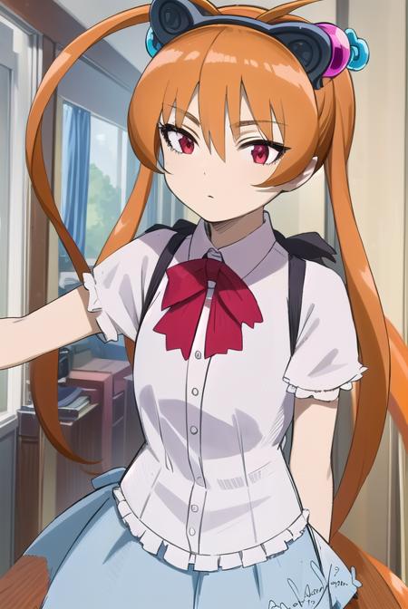 alisa southerncross, long hair, hair ornament, animal ears, twintails, (red eyes:1.3), cat ears, orange hair, skirt, shirt, bow, white shirt, short sleeves, wings,