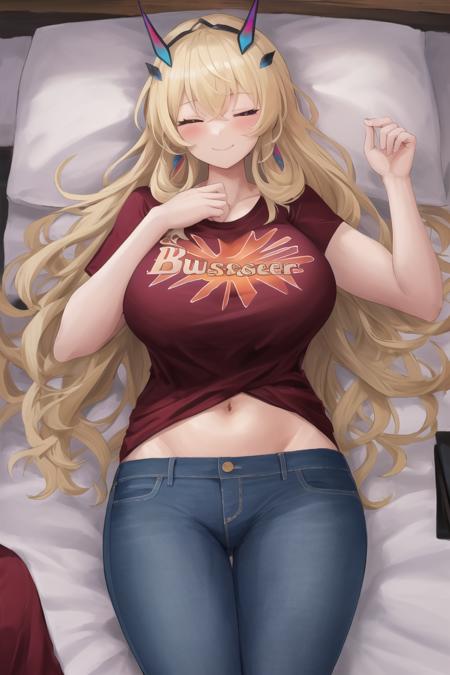 masterpiece, high quality, 1girl, huge breasts, closed eyes, happy, lying on back, navel focus, cowboy shot, sunrise, bridge, <lora:barghest>barghest, tall muscular female, long hair, blonde hair, horns, heterochromia, red eyes, green eyes, buster shirt, jeans