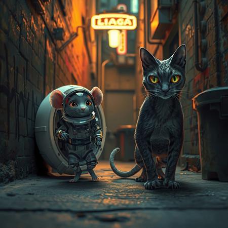 Two tiny mice, dressed in high-tech, advanced spacesuits with glowing visors and futuristic gadgets, are stepping out of a small, sleek alien spacecraft. Their faces are lit with excitement and wonder as they eagerly anticipate meeting Earth's inhabitants. However, they’ve mistakenly landed in a gritty, dimly lit urban alleyway with a few neon signs casting light . The walls are covered in graffiti, and trash bins line the narrow space. Emerging from the shadows, an alley cat with a muscular physique, sleek fur and piercing gold and green eyes is poised to pounce, toward the unsuspecting mice. The scene is illuminated by a flickering streetlight neon and neon signs, casting eerie shadows across the alley., architecture, fashion, poster, 3d render