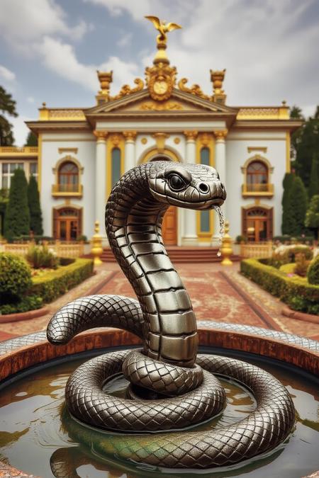 A metal snake fountain in front of a palace, fancy garden, surreal,