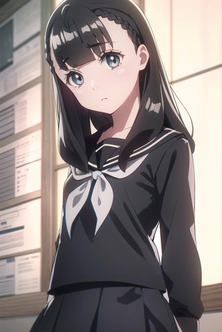 yuzukishiraishi, <lora:yuzuki shiraishi anime s1-lora-nochekaiser:1>,
yuzuki shiraishi, long hair, bangs, black hair, braid, (grey eyes:1.5),
BREAK school uniform, serafuku, sailor collar, neckerchief, (black serafuku:1.5), white neckerchief, (black skirt:1.5), (black shirt:1.5),
BREAK indoors, classroom
BREAK looking at viewer, (cowboy shot:1.5),
BREAK <lyco:GoodHands-beta2:1>, (masterpiece:1.2), best quality, high resolution, unity 8k wallpaper, (illustration:0.8), (beautiful detailed eyes:1.6), extremely detailed face, perfect lighting, extremely detailed CG, (perfect hands, perfect anatomy),