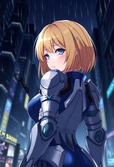 1girl, solo, large breasts, jandersondg, blonde hair, short hair, blue eyes, armor, blue bodysuit, pauldrons, science fiction, city, night, rain, from below, half-closed eyes, from behind, ass
