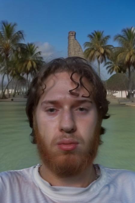(upper body and face of <ffurian> male character 1.5), (pose: pointing finger into the sky 1.7), (ffurian man with beard 1.1), (ffurian wearing white t-shirt 1.0), (brazilian beach, palm trees background 0.6), (ffurian man with beard 1.1), (sunny weather 0.4) BREAK Weirdcore (y2k aesthetic 0.8), ms paint style, 3d render, half0ster, VHS, VHS footage of, balenciaga, photo \(medium\)