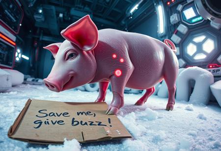 fr0stwrld, snow, ice , “Plastic Man morphing into a pig, blending human and animal features with intricate high-technology details. His body exhibits glossy, translucent plastic textures merging seamlessly with the pink, textured skin of a pig, complete with lifelike details such as ears, a snout, and a curly tail. Random, glowing, fancy spots illuminate the scene, resembling futuristic bio-luminescence. A rotten piece of cardboard lies in the foreground, damp and crumpled, with bold, messy handwriting that reads: ‘Save me, give me buzz!’ The setting is an abstract, high-tech environment, filled with mechanical and organic elements. Rendered with cinematic prime lens effects, using a fisheye 12mm perspective for dramatic distortion and dynamic depth, showcasing surrealism with stunning visual clarity.”