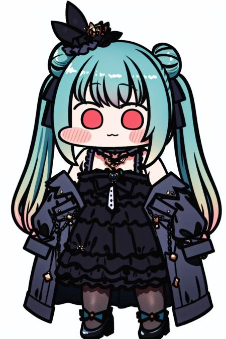 <lora:JazzJack:1>, uruha rushia, 1girl, virtual youtuber, crown, double bun, solo, uneven twintails, multicolored hair, coat, short dress, hair bun, black coat, long hair, white thighhighs, twintails, coat on shoulders, gradient hair, red eyes, dress, chain, full body, thighhighs, asymmetrical hair, pink hair, choker, mini crown, green hair, black choker, black dress, shoes, standing, looking at viewer, tilted headwear, lace choker, jewelry, off shoulder, white background, popped collar, earrings, flat chest, simple background, blush, open coat, straight-on, garter straps, frills, sleeves past fingers, frilled thighhighs, closed mouth, bangs, aqua hair, colored tips, zettai ryouiki, official alternate costume, off-shoulder dress, black footwear, frilled dress, collarbone, see-through, sleeves past wrists, tachi-e, low twintails, bow