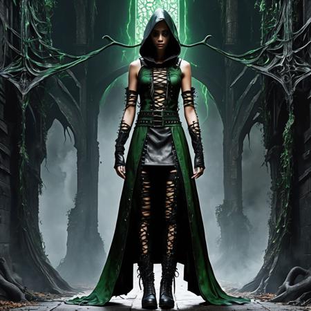 ((best quality)), ((masterpiece)), ((realistic,digital art)), (hyper detailed),DonMD34thM4g1cXL, magical,eerie, upper body clothing,  Plasma-laced Textile, , Spray Foam Insulation, Spaghetti Straps, High-Low Hemline, Natural Waist,  Ripped or Distressed Look,Beaded Accents,,Utility Loops,,Lace-Up Back,,Belt Loops,  , lower body clothing, Graphene Leather, ,  Tunic Length, Natural Waist,  Adjustable Waist,,Slit Details,,Cross-Back,,Studs,,Side pockets,,Cutout Details  , <lora:DonMD34thM4g1cXL_v3.0-000015:0.85>