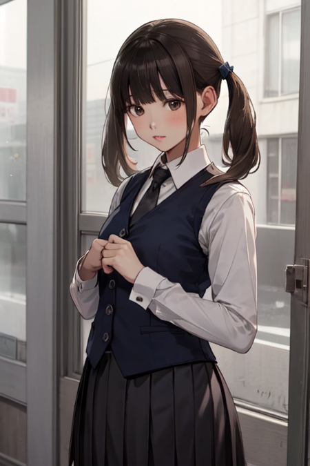 YooJiMin, 1girl, solo, long hair, brown hair, white shirt, vest, black necktie, long sleeves, brown eyes, school uniform, twintails, pleated skirt, collared shirt, blunt bangs, black skirt, 