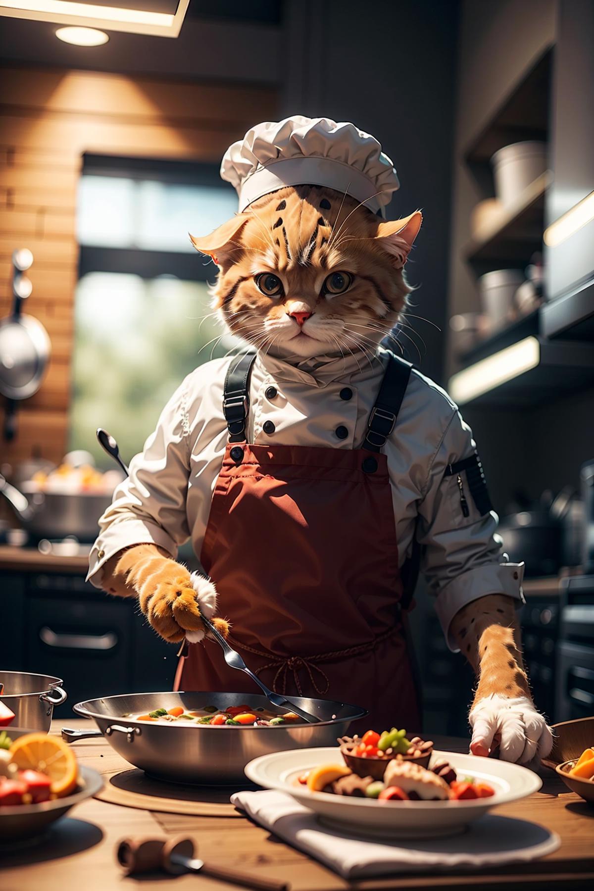 A cat dressed as a chef in an apron, cooking in a kitchen.