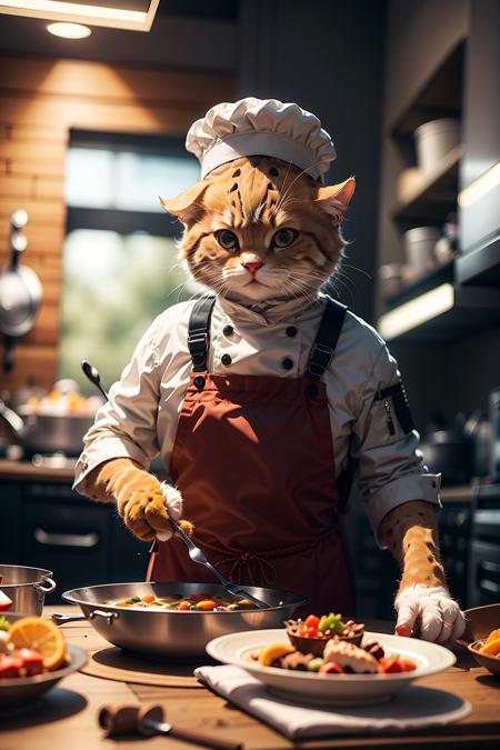 HDR,UHD,8K,Highly detailed,realistic,photo-realistic:1.37),best quality,<lora:catman:0.75>,masterpiece,chef,cooking in the kitchen,