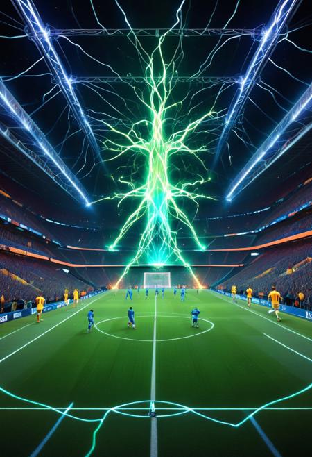 Under a golden, celestial glow, a surreal football game unfolds as players move gracefully, leaving shimmering light trails with every step. The field pulses with bioluminescent energy, its glowing green blades synchronising with the rhythm of the match.The golden football, emitting a bright light, streaks across the field like a shooting star, emitting sparkling bursts of brilliance upon impact, briefly illuminating the players' focused expressions.
The players' uniforms are imbued with luminous threads that exhibit dynamic shifts in hue, seamlessly blending with the ethereal light that envelops the stadium.Hovering above are radiant, firefly-like entities, intermittently flitting between players as if offering encouragement.The goalposts, crystalline and radiant, refract light into dazzling patterns, further enhancing the game's otherworldly allure.
The crowd further enhances the spectacle by means of luminous flags and bursts of light accompanying their cheers, thereby creating ripples of energy that fill the stadium.This extraordinary match thus transcends the ordinary, merging athleticism with celestial wonder to create a luminous celebration of human spirit and cosmic beauty, leaving an unforgettable impression on all who witness it.