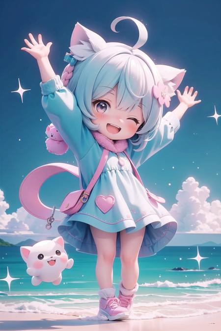 (masterpiece), scenery, 1girl, chibi, one eye closed, open mouth, smile, arm up, looking at viewer, sparkle