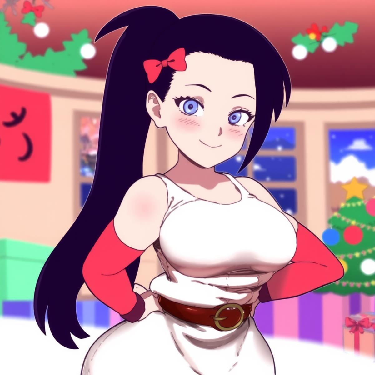 1 anime girl, solo, long_hair, looking_at_viewer, wide hips, two arms, ((upper body)), chubby, blush, smile, detailed face+blue_eyes, indoor, black_hair, gloves, dress, ribbon, bare_shoulders, very_long_hair, purple_eyes, hair_ribbon, ponytail, elbow_gloves, belt, bracelet, hand_on_hip, bell, christmas, red_gloves, <lora:DART__18dart5_-_Style_Flux_-V3:1>