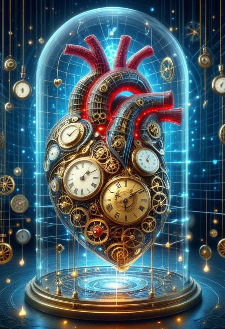 a pulsating mechanical heart made entirely of interwoven golden clockwork, intricate silver gears rotating in harmony with each beat, glowing blue veins of liquid time coursing through its structure, suspended in an ornate glass container surrounded by a spiraling astrolabe, reflections of different timelines flickering in its surface, the rhythmic ticking resonating like a heartbeat through an endless void, surreal lighting, ultra-HD sculpting, hyper-detailed engravings, bioluminescent highlights, cyber-mystical aesthetic