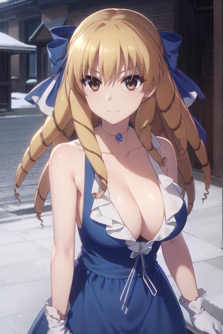 luviagelita edelfelt, long hair, (brown eyes:1.5), hair bow, blonde hair, drill hair, gloves, dress, cleavage, frills, choker, white gloves, blue dress,